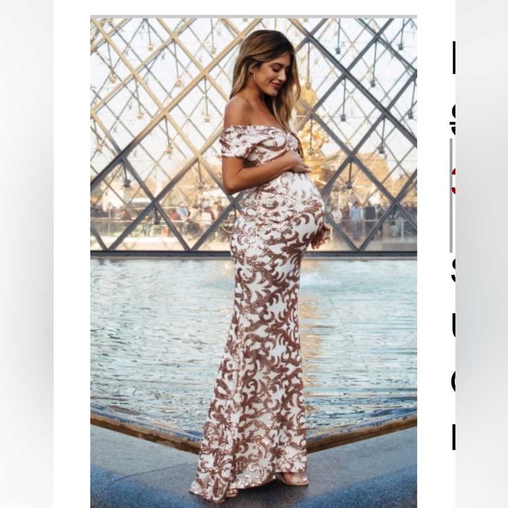 Ivory Gold Sequin Off Shoulder Maternity Gown Small